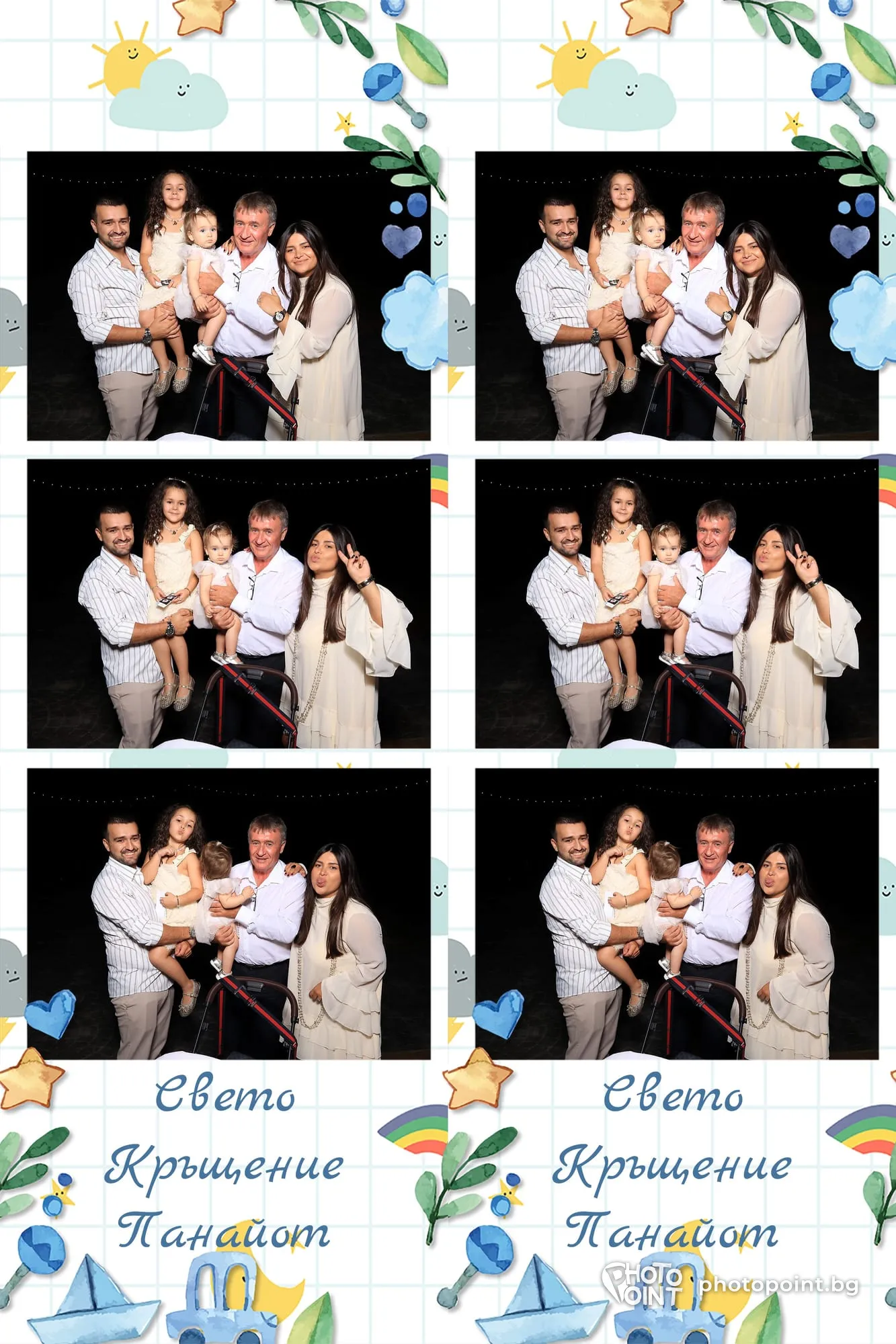 A photo strip of a family at a christening