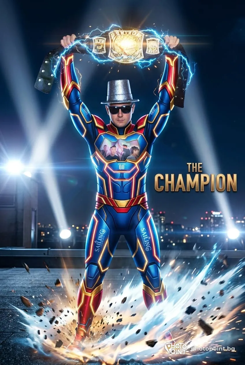 AI photo — a guest as a superhero with a championship belt